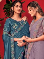 Teal Blue Blooming Satin Saree With Readymade Blouse